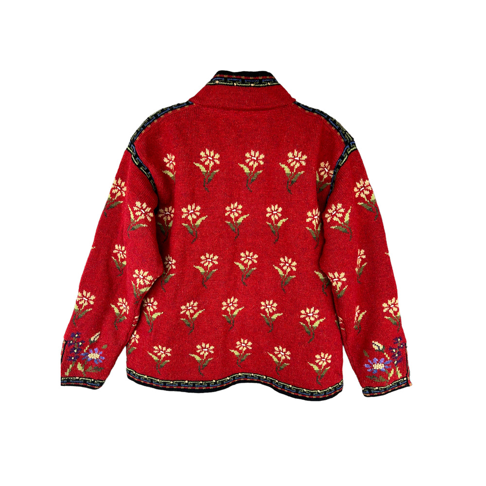 Icelandic Designs Wool Floral Zip-Front Cardigan Sweater - Red - Picture 4 of 9